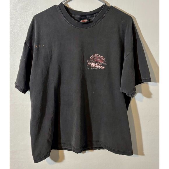 Vintage Harley-Davidson Chicago IL Tee Black USA Made Distressed Paint Marks L - Picture 1 of 5